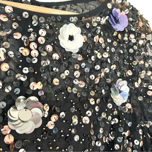 Adrianna Papell Black Floral Beaded Sequin Cocktail Dress Short Sleeve, 8 NWT - Picture 5 of 11
